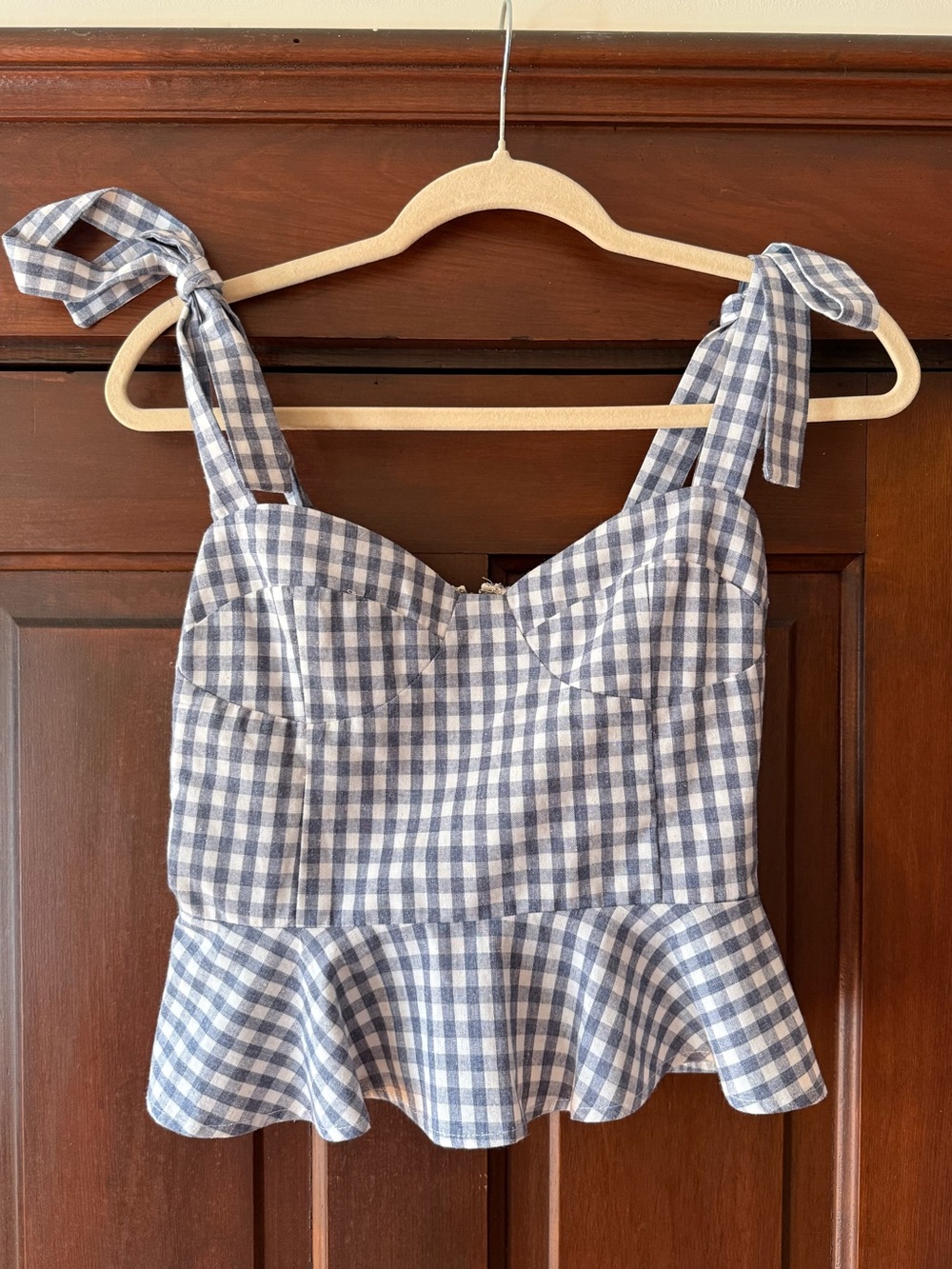 Blue and White Gingham Tie-Shoulder Peplum Tank